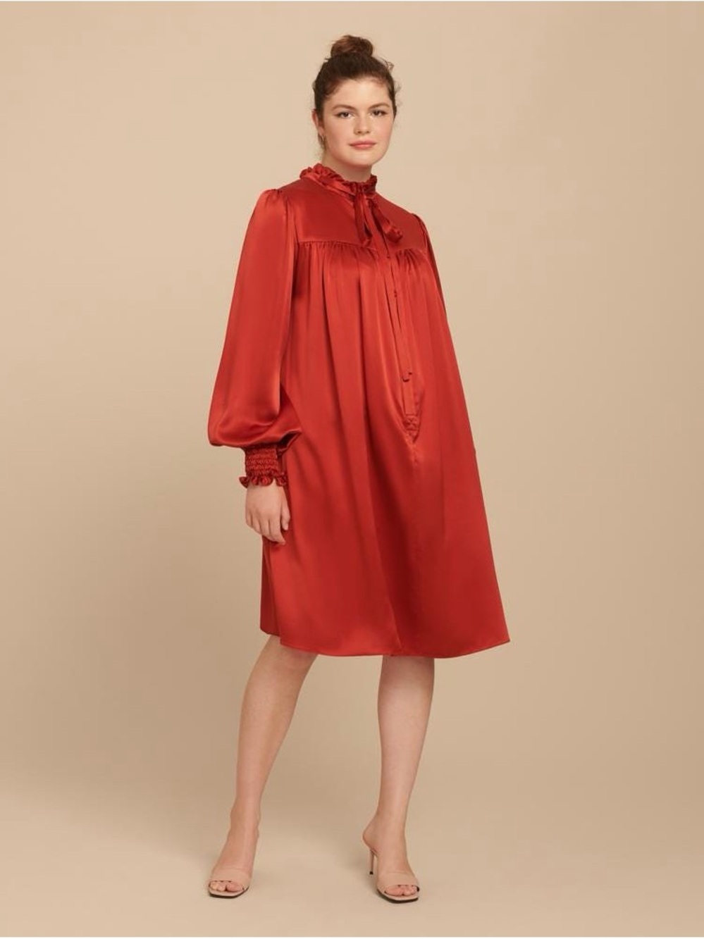 Adam Lippes Red Satin Tie-Neck Long-Sleeve Nightdress